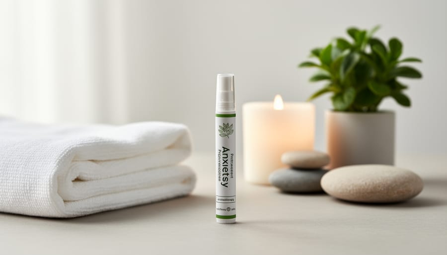 A person in a quiet room using a slim aromatherapy inhaler device for relaxation