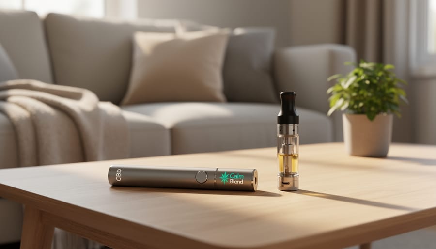 Adult’s hand holding a CBD vape pen next to a sealed cartridge case on a wooden nightstand