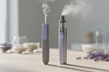 Close-up of an anxiety pen and a modern vape device on a light-wood surface with subtle vapor and out-of-focus lavender in the background.