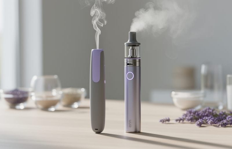 Close-up of an anxiety pen and a modern vape device on a light-wood surface with subtle vapor and out-of-focus lavender in the background.