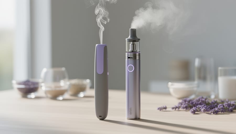 Close-up of an anxiety pen and a modern vape device on a light-wood surface with subtle vapor and out-of-focus lavender in the background.