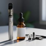 Close-up of a CBD vape pen next to an amber glass dropper bottle on a clean countertop in a softly lit wellness setting.