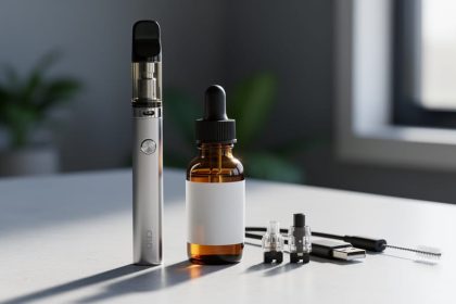 Close-up of a CBD vape pen next to an amber glass dropper bottle on a clean countertop in a softly lit wellness setting.