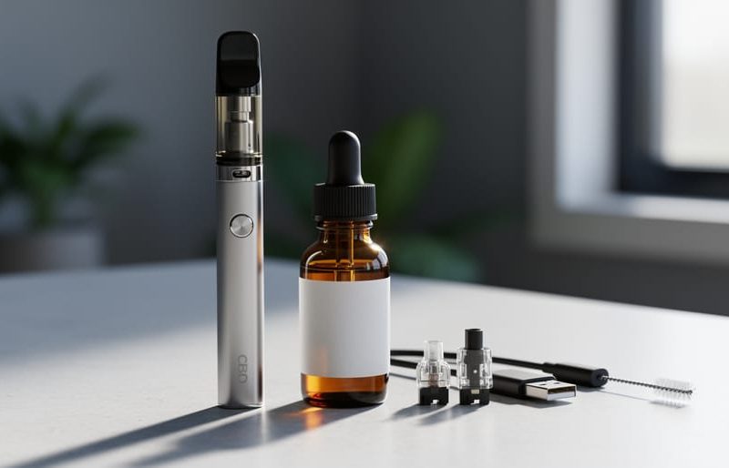 Close-up of a CBD vape pen next to an amber glass dropper bottle on a clean countertop in a softly lit wellness setting.
