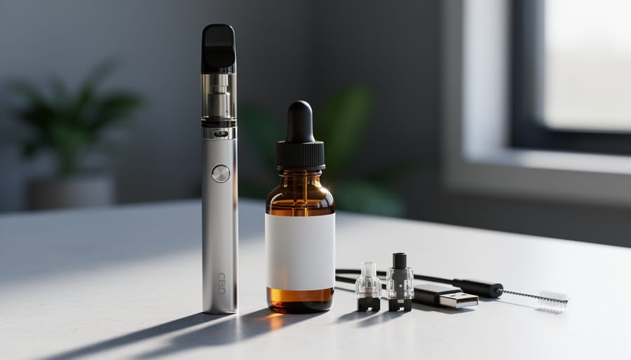 Close-up of a CBD vape pen next to an amber glass dropper bottle on a clean countertop in a softly lit wellness setting.