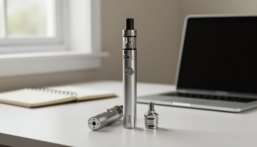 CBD vape pen resting on a clean desk next to a dropper bottle and everyday items.