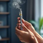 Close-up of hands holding a CBD vape pen with soft vapor clouds in a clean, calm indoor setting.