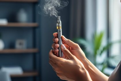 Close-up of hands holding a CBD vape pen with soft vapor clouds in a clean, calm indoor setting.