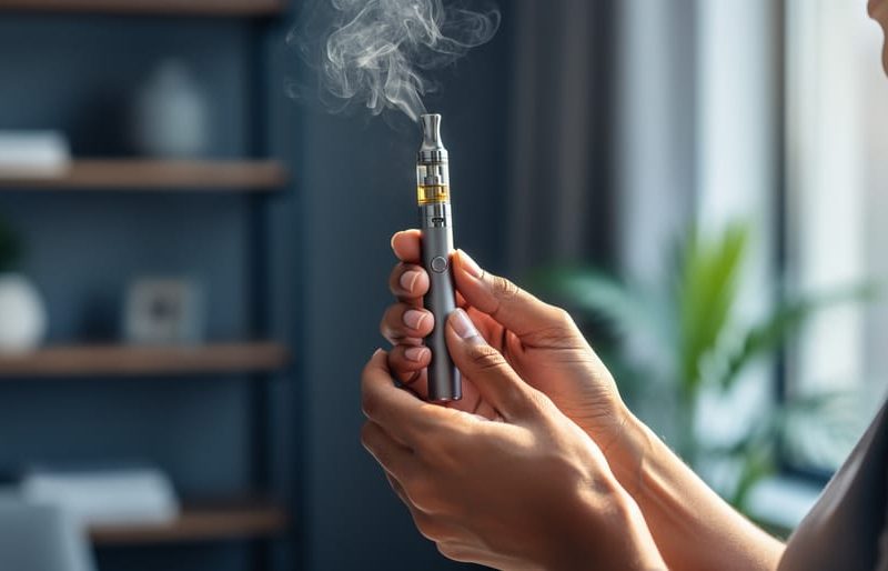 Close-up of hands holding a CBD vape pen with soft vapor clouds in a clean, calm indoor setting.