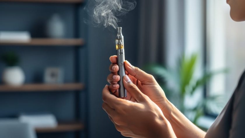 Close-up of hands holding a CBD vape pen with soft vapor clouds in a clean, calm indoor setting.