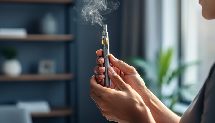 Close-up of hands holding a CBD vape pen with soft vapor clouds in a clean, calm indoor setting.