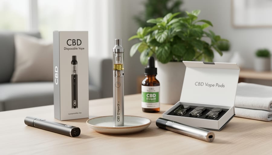 Close-up of CBD vape cartridges and e-liquid bottles arranged on a tabletop