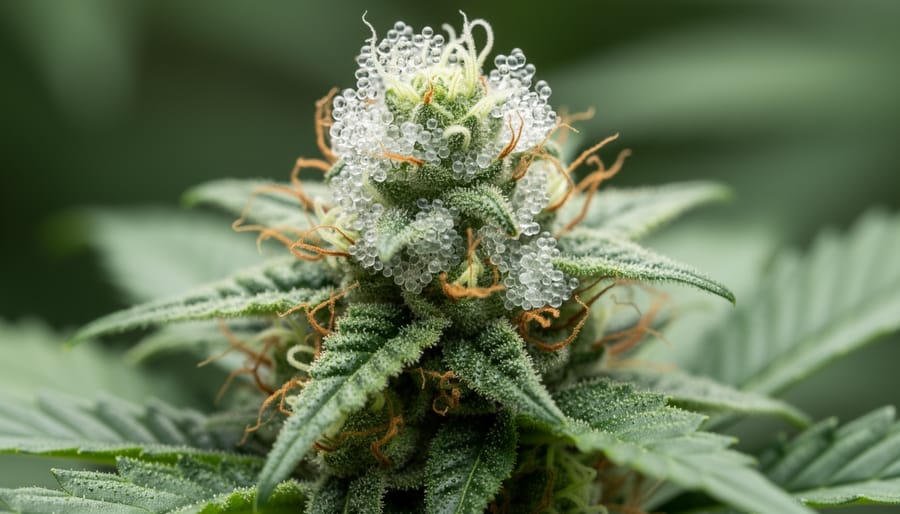 Close-up of fresh cannabis flower buds with visible resin glands.