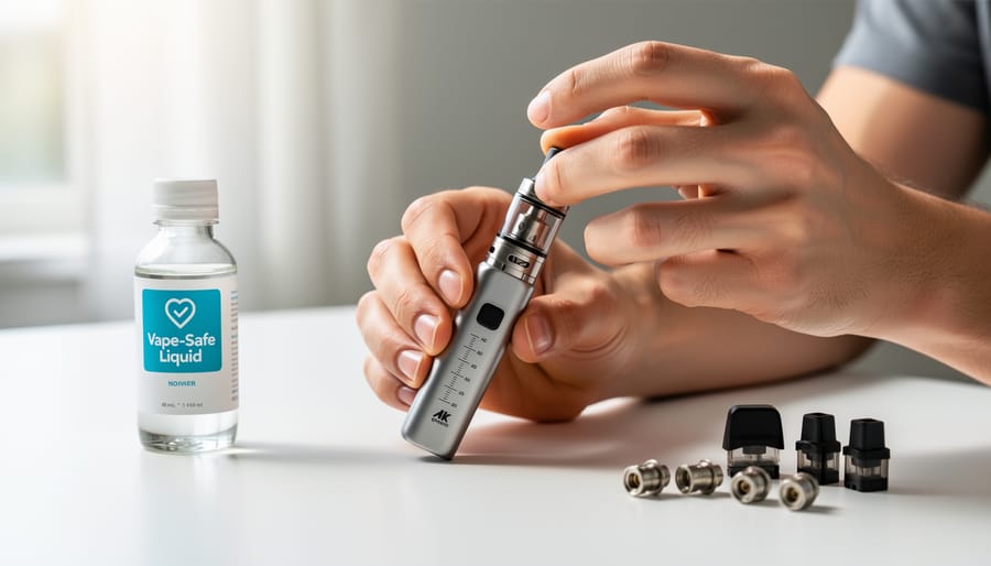Close-up of hands holding a vape pod and e-liquid bottle with a charger and spare coils in soft focus.