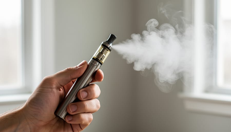 Close view of a vape device with visible aerosol vapor in a dim lounge setting