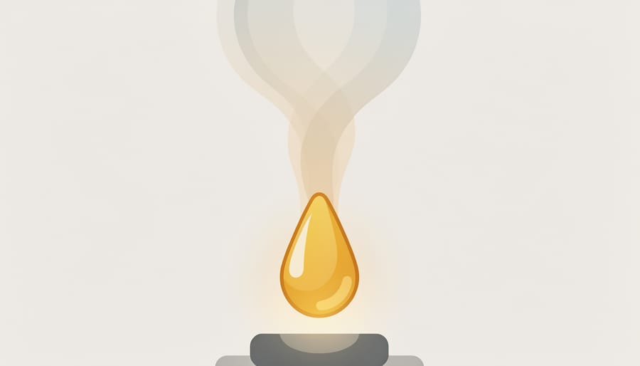 Golden cannabis extract in a glass vial with visible vapor plume in a dim studio.