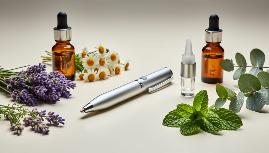 Lavender and chamomile botanicals on a tabletop near a nicotine-free aromatherapy inhaler