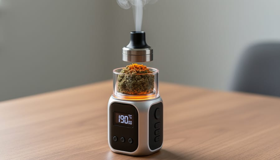Person’s hands using a dry herb vaporizer with ground cannabis nearby.