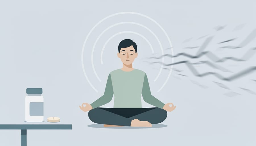 Person sitting calmly in a quiet room holding a vape device with a mindful, relaxed posture.
