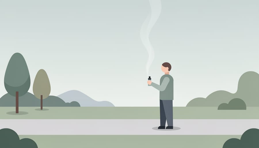 Person vaping outdoors during golden hour with soft smoke haze and blurred trees in the background