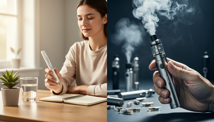 Side-by-side scene showing a calming aromatherapy inhaler setup and a vape device with subtle vapor