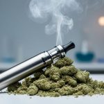 “Close-up of a modern vaping device with vapor rising above crushed cannabis flower in a clean, lab-like setting.”