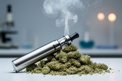“Close-up of a modern vaping device with vapor rising above crushed cannabis flower in a clean, lab-like setting.”