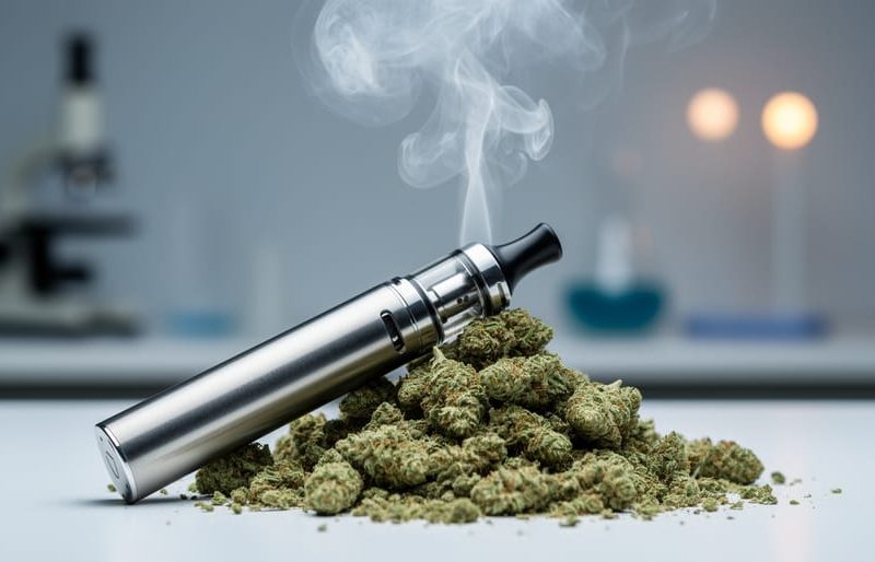 “Close-up of a modern vaping device with vapor rising above crushed cannabis flower in a clean, lab-like setting.”