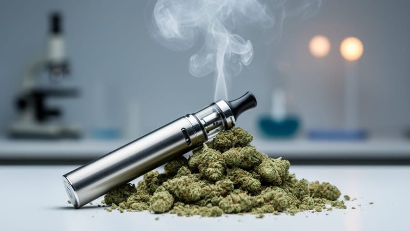 “Close-up of a modern vaping device with vapor rising above crushed cannabis flower in a clean, lab-like setting.”