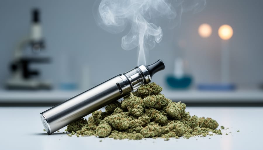 “Close-up of a modern vaping device with vapor rising above crushed cannabis flower in a clean, lab-like setting.”