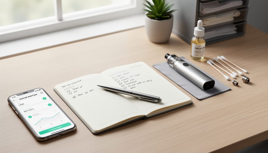 Top-down view of a journal, pen, and vaping accessories arranged on a tray for careful tracking and maintenance.