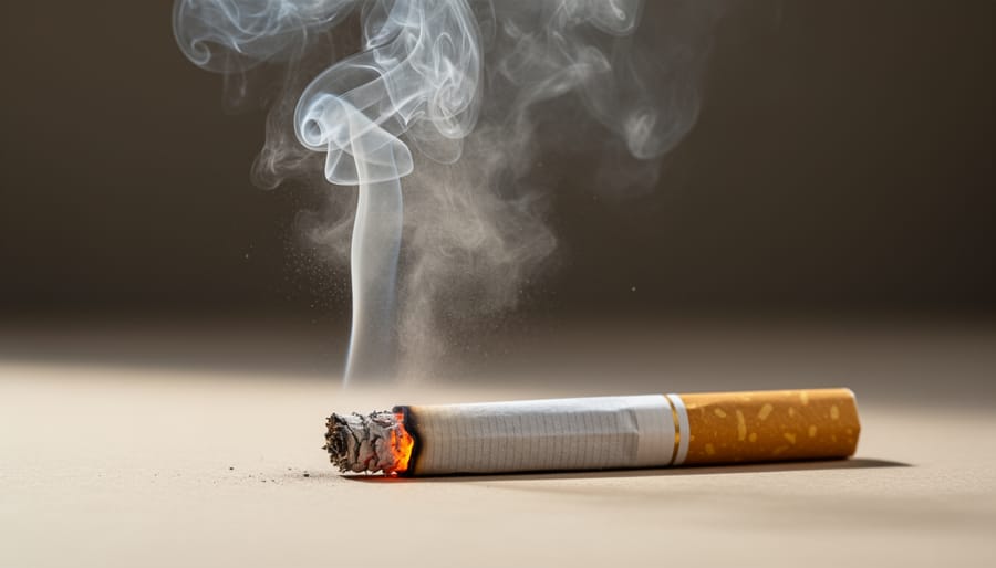 Close-up of gray smoke rising from a lit cigarette in a dim room