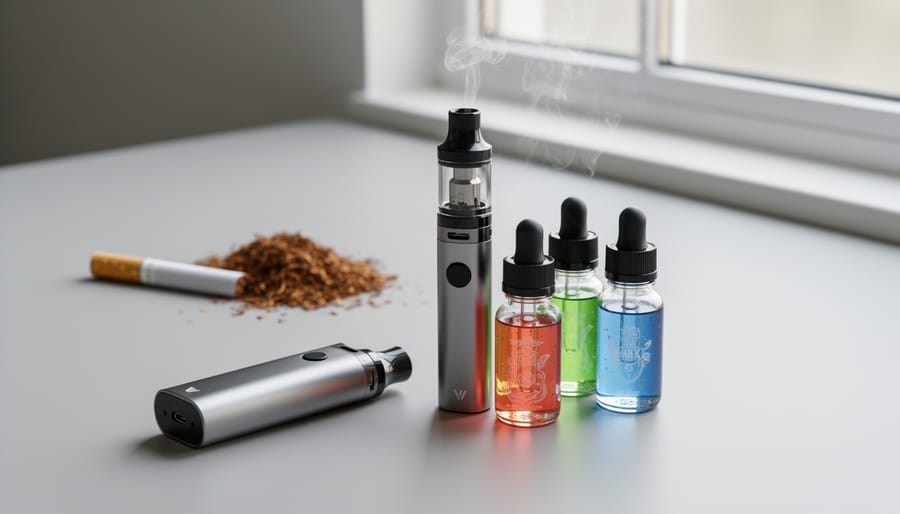 Close-up of e-liquid bottle and transparent vape tank with clear liquid under soft studio lighting