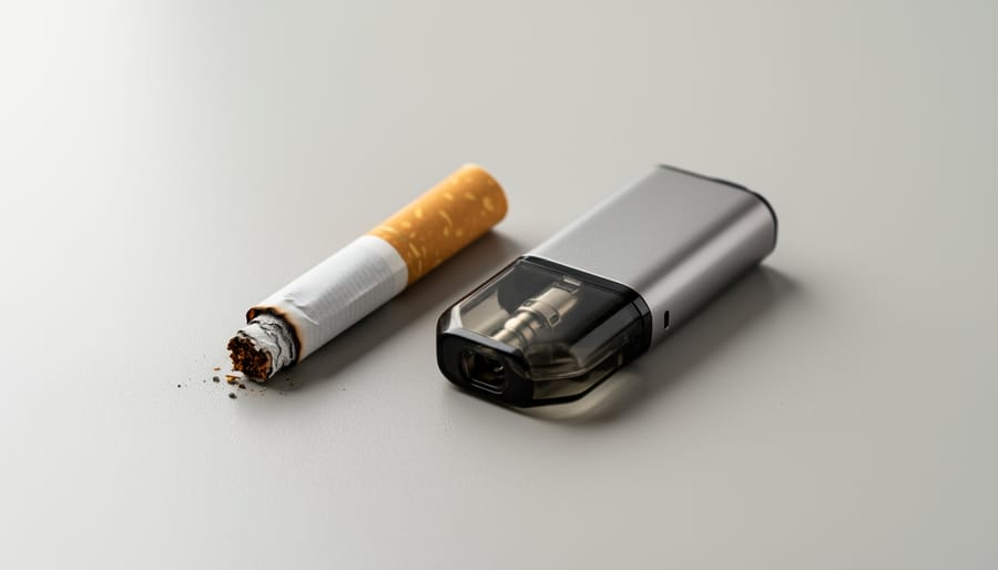 Cigarette in an ashtray and a pod-style vape device on a table in natural light