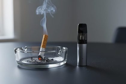 “A lit cigarette in an ashtray next to a pod-style vape device on a tabletop under natural light.”