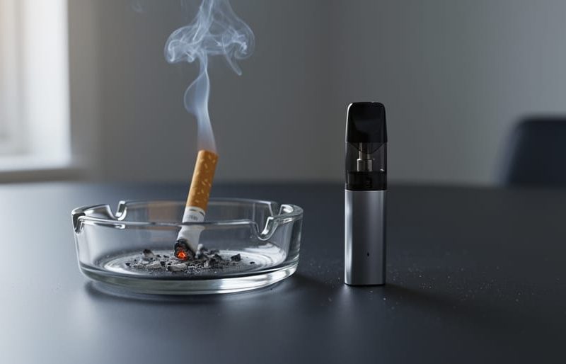 “A lit cigarette in an ashtray next to a pod-style vape device on a tabletop under natural light.”