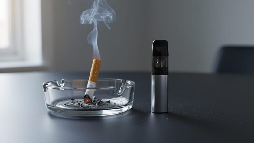 “A lit cigarette in an ashtray next to a pod-style vape device on a tabletop under natural light.”