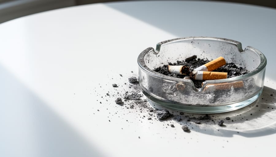 Ash and dark residue in an ashtray contrasted with a clean empty container