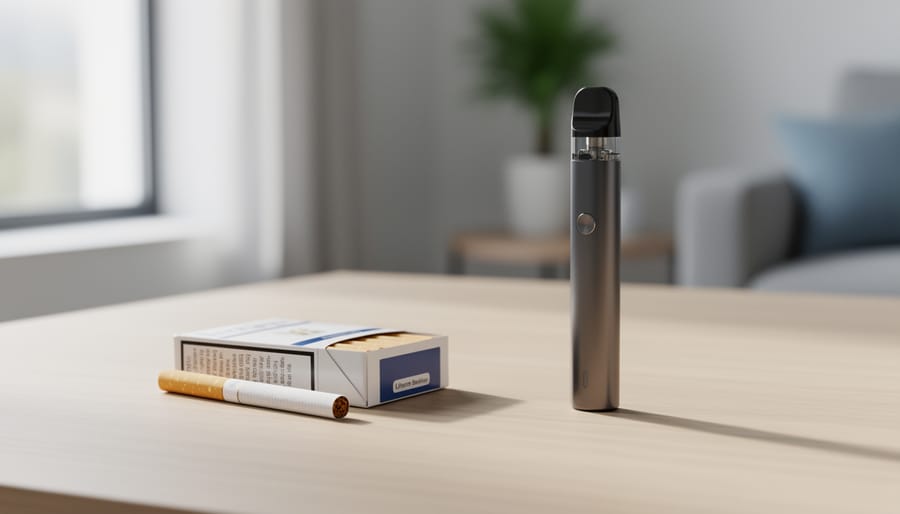 Traditional cigarette and modern vape device placed side by side on a tabletop