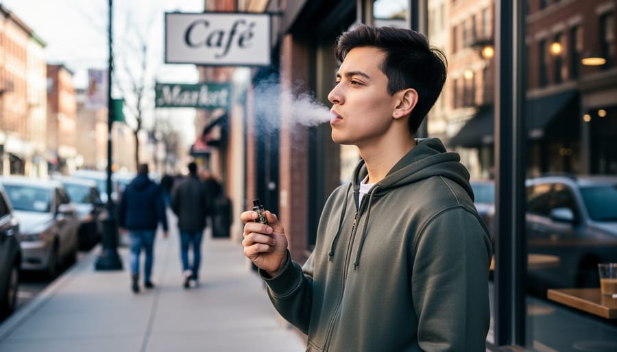 Side-profile view of a person holding a vape device indoors in soft natural light