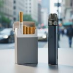 A modern vape device with a translucent pod sits next to a cigarette and cigarette pack on a clean tabletop under soft daylight.