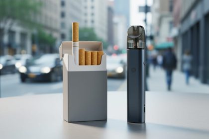 A modern vape device with a translucent pod sits next to a cigarette and cigarette pack on a clean tabletop under soft daylight.