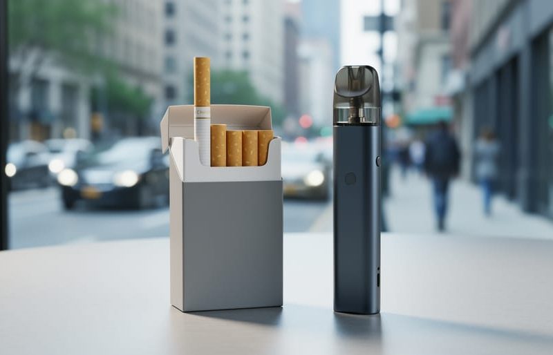 A modern vape device with a translucent pod sits next to a cigarette and cigarette pack on a clean tabletop under soft daylight.