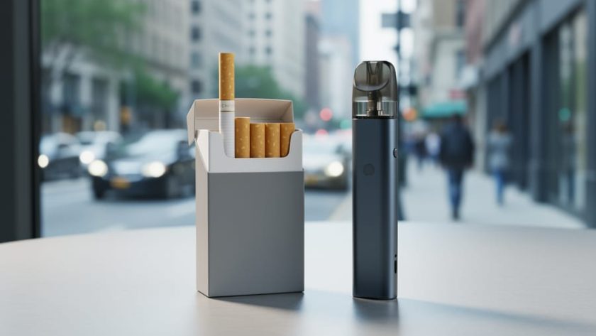 A modern vape device with a translucent pod sits next to a cigarette and cigarette pack on a clean tabletop under soft daylight.