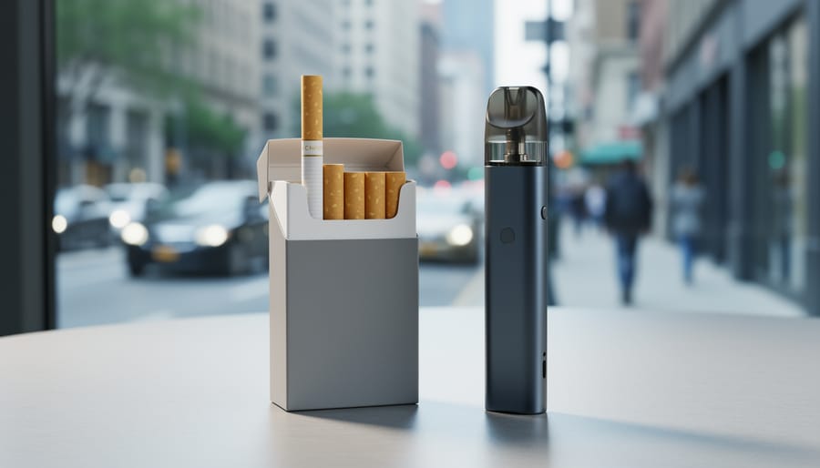 A modern vape device with a translucent pod sits next to a cigarette and cigarette pack on a clean tabletop under soft daylight.